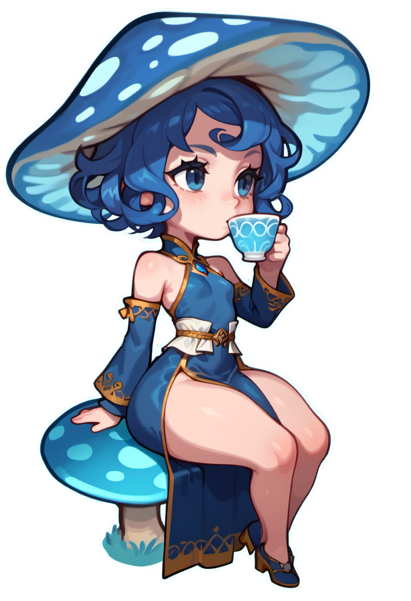 Nivelle, the blue mushroom witch, sitting amidst blue mushrooms.